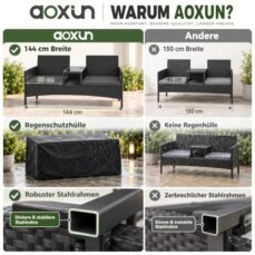 Aoxun 2-Sitzer-Gartenbank aus Rattan, extrabreite Outdoor-Zweisitzerbank mit seitlichem Ablagetisch, bequemes Terrassenmöbel-Set mit Kissen und Regenschutz für Garten, Balkon (Dunkelgrau)