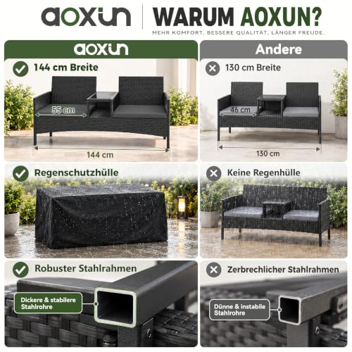 Aoxun 2-Sitzer-Gartenbank aus Rattan, extrabreite Outdoor-Zweisitzerbank mit seitlichem Ablagetisch, bequemes Terrassenmöbel-Set mit Kissen und Regenschutz für Garten, Balkon (Dunkelgrau)