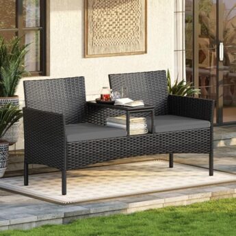 Aoxun 2-Sitzer-Gartenbank aus Rattan, extrabreite Outdoor-Zweisitzerbank mit seitlichem Ablagetisch, bequemes Terrassenmöbel-Set mit Kissen und Regenschutz für Garten, Balkon (Dunkelgrau) Aoxun 2-Sitzer-Gartenbank aus Rattan, extrabreite Outdoor-Zweisitzerbank mit seitlichem Ablagetisch, bequemes Terrassenmöbel-Set mit Kissen und Regenschutz für Garten, Balkon (Dunkelgrau)