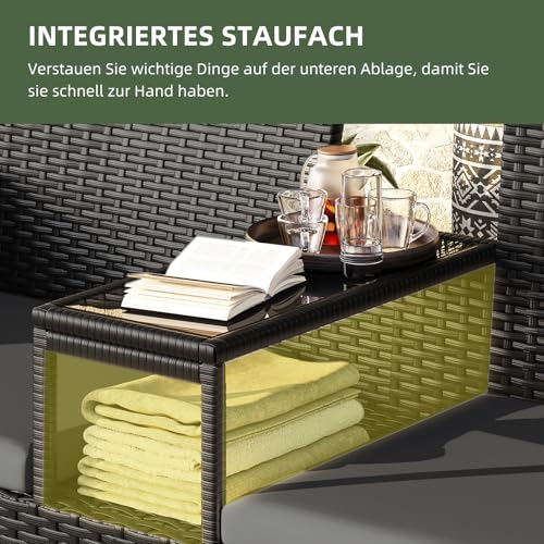 Aoxun 2-Sitzer-Gartenbank aus Rattan, extrabreite Outdoor-Zweisitzerbank mit seitlichem Ablagetisch, bequemes Terrassenmöbel-Set mit Kissen und Regenschutz für Garten, Balkon (Dunkelgrau)