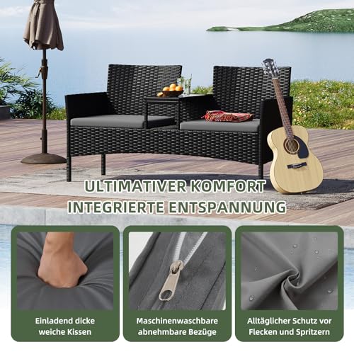 Aoxun 2-Sitzer-Gartenbank aus Rattan, extrabreite Outdoor-Zweisitzerbank mit seitlichem Ablagetisch, bequemes Terrassenmöbel-Set mit Kissen und Regenschutz für Garten, Balkon (Dunkelgrau)