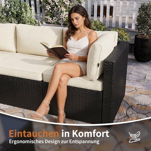 Aoxun Gartenmöbel Set Polyrattan 3-teilig mit 7,5cm dicken Kissen & Glas-Couchtisch, wetterfeste Gartenlounge Outdoor mit extra Langer 196cm Sitzbank, Stabiler Balkon Terrassen Außenmöbel Satz (Weiß)