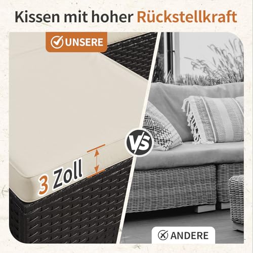 Aoxun Gartenmöbel Set Polyrattan 3-teilig mit 7,5cm dicken Kissen & Glas-Couchtisch, wetterfeste Gartenlounge Outdoor mit extra Langer 196cm Sitzbank, Stabiler Balkon Terrassen Außenmöbel Satz (Weiß)