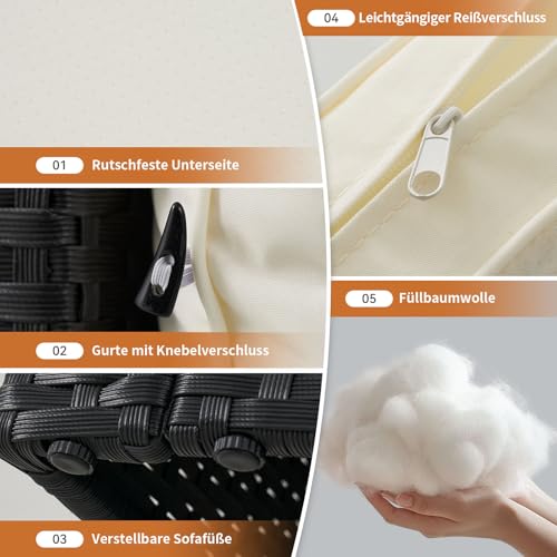 Aoxun Gartenmöbel Set Polyrattan 3-teilig mit 7,5cm dicken Kissen & Glas-Couchtisch, wetterfeste Gartenlounge Outdoor mit extra Langer 196cm Sitzbank, Stabiler Balkon Terrassen Außenmöbel Satz (Weiß)