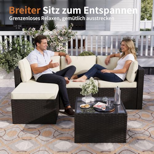 Aoxun Gartenmöbel Set Polyrattan 3-teilig mit 7,5cm dicken Kissen & Glas-Couchtisch, wetterfeste Gartenlounge Outdoor mit extra Langer 196cm Sitzbank, Stabiler Balkon Terrassen Außenmöbel Satz (Weiß)