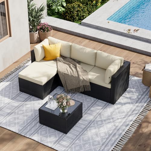 Aoxun Gartenmöbel Set Polyrattan 3-teilig mit 7,5cm dicken Kissen & Glas-Couchtisch, wetterfeste Gartenlounge Outdoor mit extra Langer 196cm Sitzbank, Stabiler Balkon Terrassen Außenmöbel Satz (Weiß)
