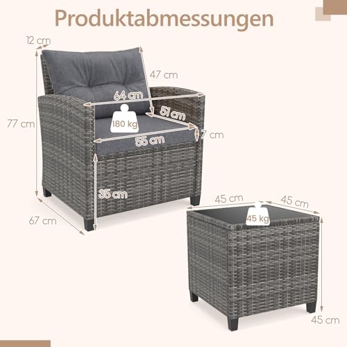GIANTEX Rattan Gartenmöbel Set, Balkonmöbel Kleiner Balkon, Lounge Gartenmöbel Set, Balkon Möbel für 2 Personen, Gartenlounge Set 2 Sessel & Tisch, 3 tlg. Gartensitzgruppe inkl. Sitz- und Rückenkissen