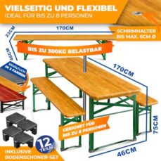 KESSER® Bierzeltgarnitur 3-TLG., Festzeltgarnitur klappbar, Biertisch mit 2 Bierbänken, Gartenmöbel Set Holz, Partygarnitur, Sitzgarnitur, wetterfest, stabil, 170x46x75cm, 12-TLG. Bodenschoner
