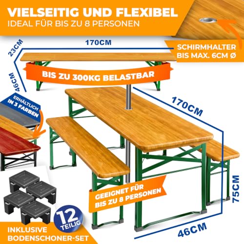KESSER® Bierzeltgarnitur 3-TLG., Festzeltgarnitur klappbar, Biertisch mit 2 Bierbänken, Gartenmöbel Set Holz, Partygarnitur, Sitzgarnitur, wetterfest, stabil, 170x46x75cm, 12-TLG. Bodenschoner