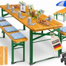 KESSER® Bierzeltgarnitur 3-TLG., Festzeltgarnitur klappbar, Biertisch mit 2 Bierbänken, Gartenmöbel Set Holz, Partygarnitur, Sitzgarnitur, wetterfest, stabil, 170x46x75cm, 12-TLG. Bodenschoner