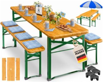 KESSER® Bierzeltgarnitur 3-TLG., Festzeltgarnitur klappbar, Biertisch mit 2 Bierbänken, Gartenmöbel Set Holz, Partygarnitur, Sitzgarnitur, wetterfest, stabil, 170x46x75cm, 12-TLG. Bodenschoner KESSER® Bierzeltgarnitur 3-TLG., Festzeltgarnitur klappbar, Biertisch mit 2 Bierbänken, Gartenmöbel Set Holz, Partygarnitur, Sitzgarnitur, wetterfest, stabil, 170x46x75cm, 12-TLG. Bodenschoner