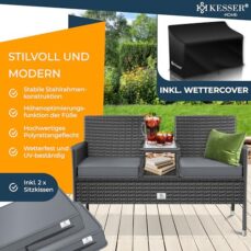 KESSER® Polyrattan Gartenbank mit Tisch, 2 Sitzer, 143x63x88cm Gartenbank wetterfest, Sitzbank Outdoor, Balkonbank mit Ablage, Gartenmöbel Rattan Bank für Garten & Balkon + Kissen & Cover, Anthrazit