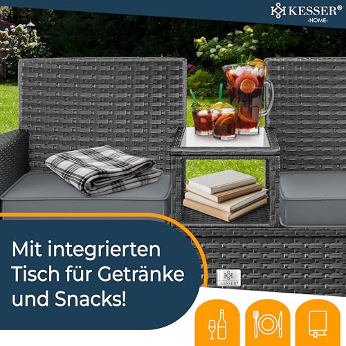 KESSER® Polyrattan Gartenbank mit Tisch, 2 Sitzer, 143x63x88cm Gartenbank wetterfest, Sitzbank Outdoor, Balkonbank mit Ablage, Gartenmöbel Rattan Bank für Garten & Balkon + Kissen & Cover, Anthrazit