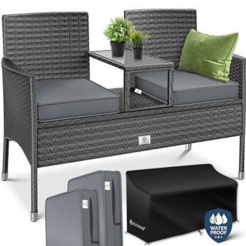 KESSER® Polyrattan Gartenbank mit Tisch, 2 Sitzer, 143x63x88cm Gartenbank wetterfest, Sitzbank Outdoor, Balkonbank mit Ablage, Gartenmöbel Rattan Bank für Garten & Balkon + Kissen & Cover, Anthrazit KESSER® Polyrattan Gartenbank mit Tisch, 2 Sitzer, 143x63x88cm Gartenbank wetterfest, Sitzbank Outdoor, Balkonbank mit Ablage, Gartenmöbel Rattan Bank für Garten & Balkon + Kissen & Cover, Anthrazit