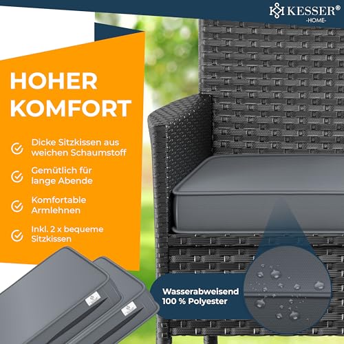 KESSER® Polyrattan Gartenbank mit Tisch, 2 Sitzer, 143x63x88cm Gartenbank wetterfest, Sitzbank Outdoor, Balkonbank mit Ablage, Gartenmöbel Rattan Bank für Garten & Balkon + Kissen & Cover, Anthrazit