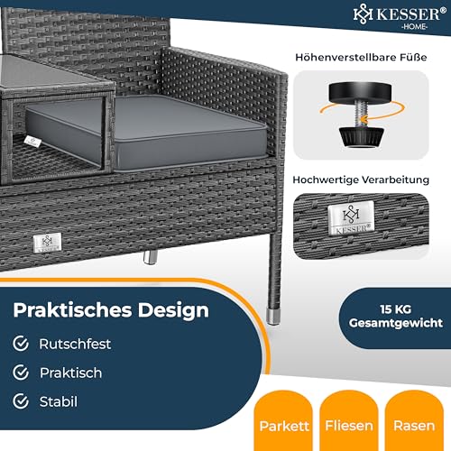 KESSER® Polyrattan Gartenbank mit Tisch, 2 Sitzer, 143x63x88cm Gartenbank wetterfest, Sitzbank Outdoor, Balkonbank mit Ablage, Gartenmöbel Rattan Bank für Garten & Balkon + Kissen & Cover, Anthrazit
