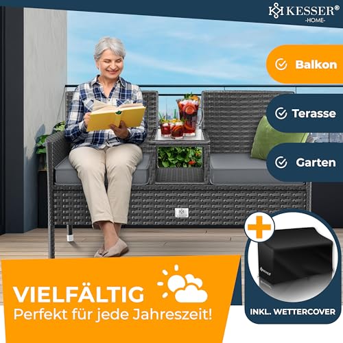 KESSER® Polyrattan Gartenbank mit Tisch, 2 Sitzer, 143x63x88cm Gartenbank wetterfest, Sitzbank Outdoor, Balkonbank mit Ablage, Gartenmöbel Rattan Bank für Garten & Balkon + Kissen & Cover, Anthrazit