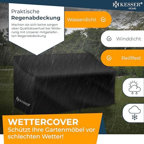KESSER® Polyrattan Gartenbank mit Tisch, 2 Sitzer, 143x63x88cm Gartenbank wetterfest, Sitzbank Outdoor, Balkonbank mit Ablage, Gartenmöbel Rattan Bank für Garten & Balkon + Kissen & Cover, Anthrazit