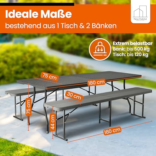 NewHabitat Bierzeltgarnitur Polyrattan Klappbar – Tisch & 2 Bierbänke