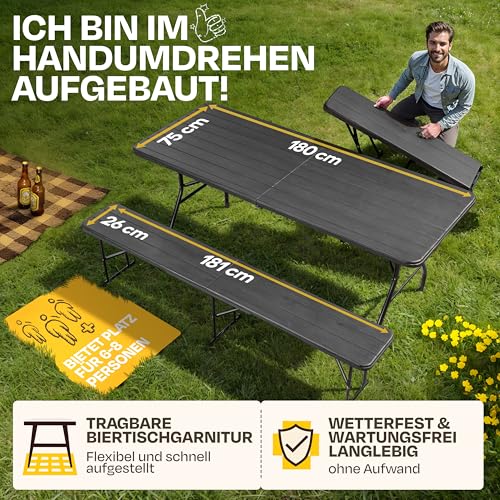 Ondis24 Biertischgarnitur Lisa Campingtisch 2X Bierbank 1x Biertisch Sitzbank klappbar Bierzeltgarnitur 3tlg. einfach transportabel mit Tragetasche (Anthrazit, XL)
