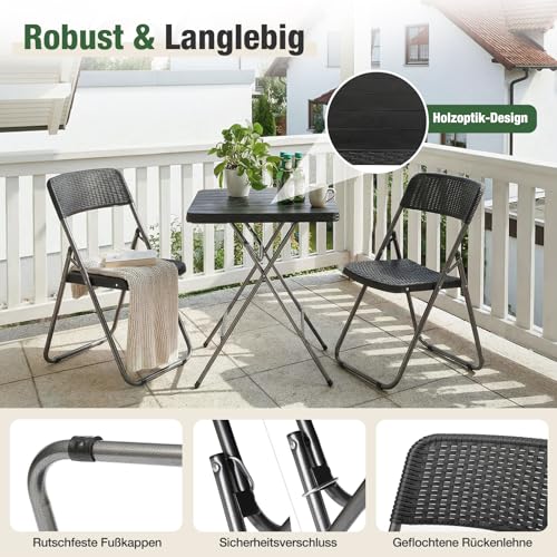 Sekey Balkonset 3 Teilig Klappbar, Balkonmöbel Set Kleiner Balkon 2 Personen, Balkon Möbel Set Rattan Wetterfest, Belastbarkeit Klappstuhl 200KG & Klapptisch 50KG