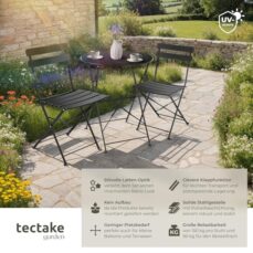 tectake® Gartenmöbel Bistro Set aus Gartentisch mit Stühlen, Balkonmöbel Kleiner Balkon, Klapptisch mit 2X Gartenstuhl, Outdoor Sitzgruppe mit Balkontisch, wetterfest für Garten, Balkon (schwarz)