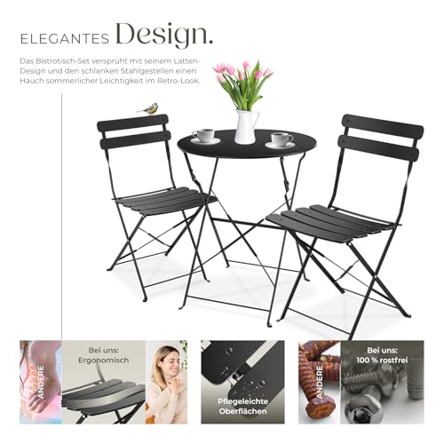 tectake® Gartenmöbel Bistro Set aus Gartentisch mit Stühlen, Balkonmöbel Kleiner Balkon, Klapptisch mit 2X Gartenstuhl, Outdoor Sitzgruppe mit Balkontisch, wetterfest für Garten, Balkon (schwarz)