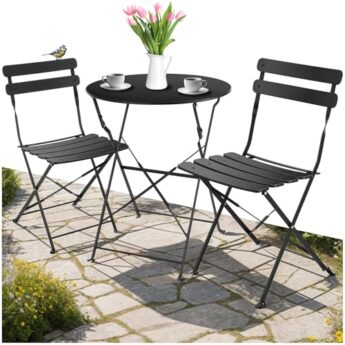 tectake® Gartenmöbel Bistro Set aus Gartentisch mit Stühlen, Balkonmöbel Kleiner Balkon, Klapptisch mit 2X Gartenstuhl, Outdoor Sitzgruppe mit Balkontisch, wetterfest für Garten, Balkon (schwarz) tectake® Gartenmöbel Bistro Set aus Gartentisch mit Stühlen, Balkonmöbel Kleiner Balkon, Klapptisch mit 2X Gartenstuhl, Outdoor Sitzgruppe mit Balkontisch, wetterfest für Garten, Balkon (schwarz)