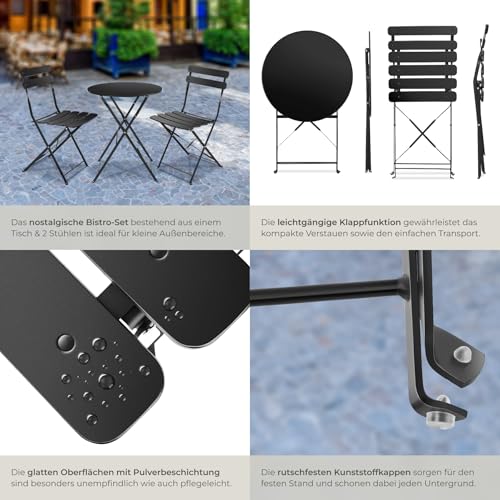 tectake® Gartenmöbel Bistro Set aus Gartentisch mit Stühlen, Balkonmöbel Kleiner Balkon, Klapptisch mit 2X Gartenstuhl, Outdoor Sitzgruppe mit Balkontisch, wetterfest für Garten, Balkon (schwarz)