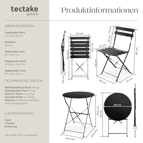 tectake® Gartenmöbel Bistro Set aus Gartentisch mit Stühlen, Balkonmöbel Kleiner Balkon, Klapptisch mit 2X Gartenstuhl, Outdoor Sitzgruppe mit Balkontisch, wetterfest für Garten, Balkon (schwarz)