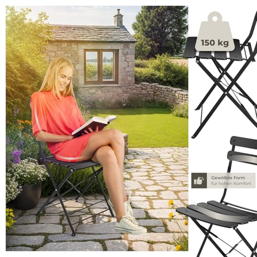 tectake® Gartenmöbel Bistro Set aus Gartentisch mit Stühlen, Balkonmöbel Kleiner Balkon, Klapptisch mit 2X Gartenstuhl, Outdoor Sitzgruppe mit Balkontisch, wetterfest für Garten, Balkon (schwarz)