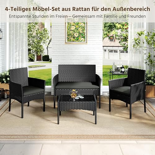 Yaheetech 4-er Gartenmöbel Set Balkonmöbel Set aus Polyrattan Terassenmöbel | mit 2er Sofa, 2 Stühle, Tisch & Sitzkissen für Außen Terrasse/Balkon/Garten, Schwarz & Grau