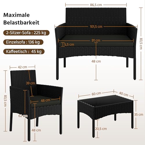 Yaheetech 4-er Gartenmöbel Set Balkonmöbel Set aus Polyrattan Terassenmöbel | mit 2er Sofa, 2 Stühle, Tisch & Sitzkissen für Außen Terrasse/Balkon/Garten, Schwarz & Grau
