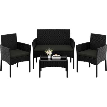 Yaheetech 4-er Gartenmöbel Set Balkonmöbel Set aus Polyrattan Terassenmöbel | mit 2er Sofa, 2 Stühle, Tisch & Sitzkissen für Außen Terrasse/Balkon/Garten, Schwarz & Grau Yaheetech 4-er Gartenmöbel Set Balkonmöbel Set aus Polyrattan Terassenmöbel | mit 2er Sofa, 2 Stühle, Tisch & Sitzkissen für Außen Terrasse/Balkon/Garten, Schwarz & Grau