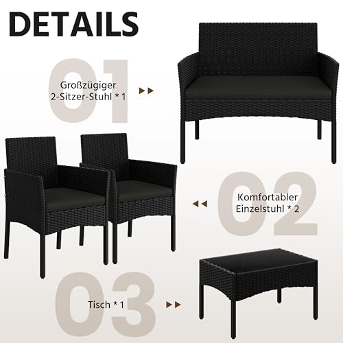 Yaheetech 4-er Gartenmöbel Set Balkonmöbel Set aus Polyrattan Terassenmöbel | mit 2er Sofa, 2 Stühle, Tisch & Sitzkissen für Außen Terrasse/Balkon/Garten, Schwarz & Grau