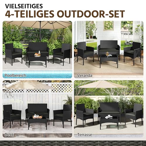 Yaheetech 4-er Gartenmöbel Set Balkonmöbel Set aus Polyrattan Terassenmöbel | mit 2er Sofa, 2 Stühle, Tisch & Sitzkissen für Außen Terrasse/Balkon/Garten, Schwarz & Grau