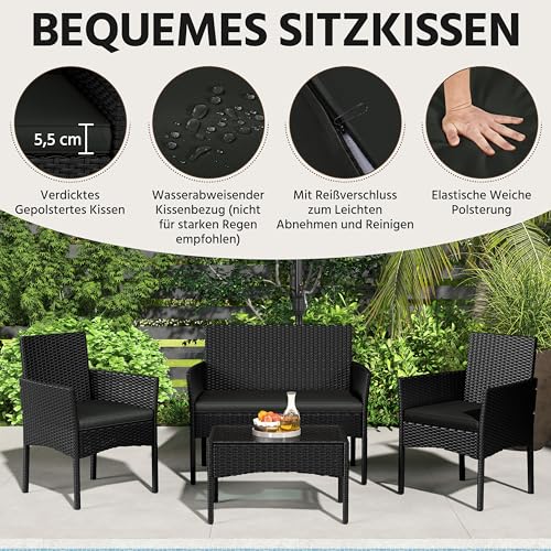 Yaheetech 4-er Gartenmöbel Set Balkonmöbel Set aus Polyrattan Terassenmöbel | mit 2er Sofa, 2 Stühle, Tisch & Sitzkissen für Außen Terrasse/Balkon/Garten, Schwarz & Grau