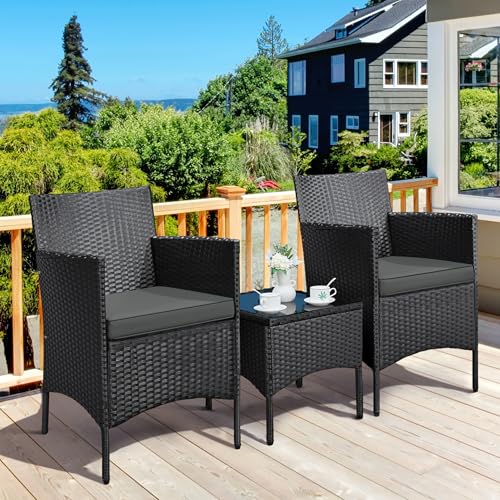 Yaheetech Balkonmöbel Set, 3TLG Gartenmöbel Terrassenmöbel aus PE-Rattan | Gartensitzgruppe Lounge Set inkl. 2 Stühle mit Sitzkissen & Tisch für Balkon Terrasse, Schwarz/Grau