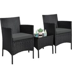Yaheetech Balkonmöbel Set, 3TLG Gartenmöbel Terrassenmöbel aus PE-Rattan | Gartensitzgruppe Lounge Set inkl. 2 Stühle mit Sitzkissen & Tisch für Balkon Terrasse, Schwarz/Grau