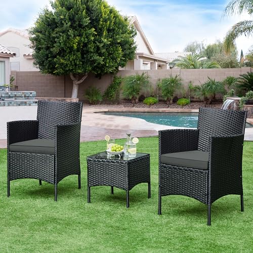 Yaheetech Balkonmöbel Set, 3TLG Gartenmöbel Terrassenmöbel aus PE-Rattan | Gartensitzgruppe Lounge Set inkl. 2 Stühle mit Sitzkissen & Tisch für Balkon Terrasse, Schwarz/Grau
