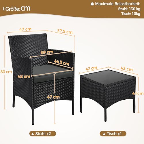 Yaheetech Balkonmöbel Set, 3TLG Gartenmöbel Terrassenmöbel aus PE-Rattan | Gartensitzgruppe Lounge Set inkl. 2 Stühle mit Sitzkissen & Tisch für Balkon Terrasse, Schwarz/Grau