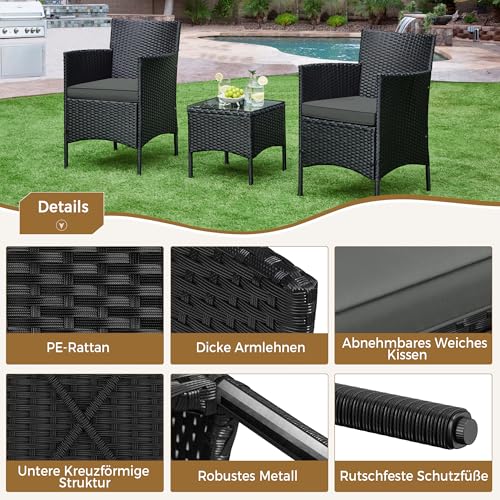 Yaheetech Balkonmöbel Set, 3TLG Gartenmöbel Terrassenmöbel aus PE-Rattan | Gartensitzgruppe Lounge Set inkl. 2 Stühle mit Sitzkissen & Tisch für Balkon Terrasse, Schwarz/Grau