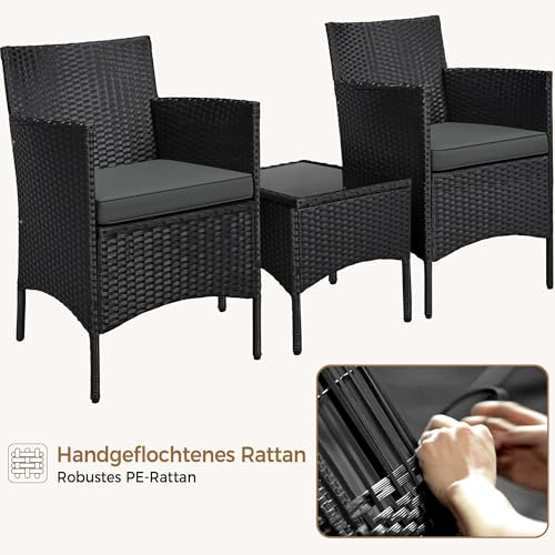 Yaheetech Balkonmöbel Set, 3TLG Gartenmöbel Terrassenmöbel aus PE-Rattan | Gartensitzgruppe Lounge Set inkl. 2 Stühle mit Sitzkissen & Tisch für Balkon Terrasse, Schwarz/Grau
