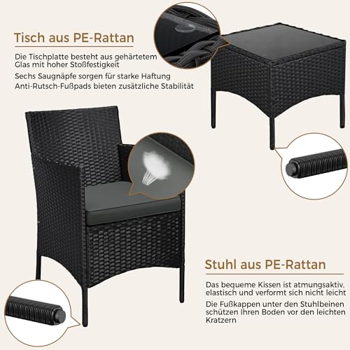 Yaheetech Balkonmöbel Set, 3TLG Gartenmöbel Terrassenmöbel aus PE-Rattan | Gartensitzgruppe Lounge Set inkl. 2 Stühle mit Sitzkissen & Tisch für Balkon Terrasse, Schwarz/Grau